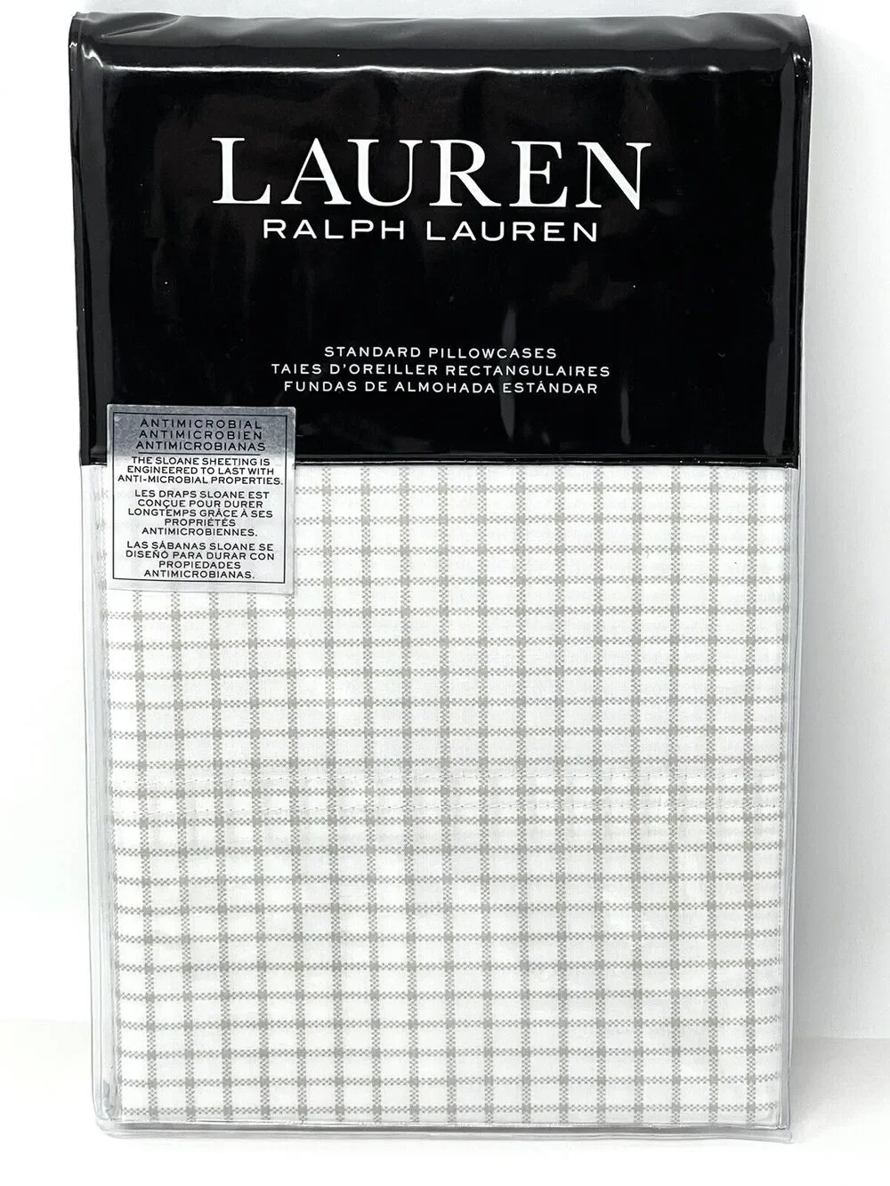 Ralph Lauren Grey SLOANE CHECK Standard Pillowcases Antimicrobial Cotton Percale